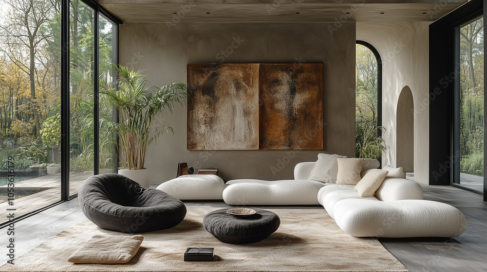 Modern minimalist living room with natural light and art Modern minimalist living room with natural light and art