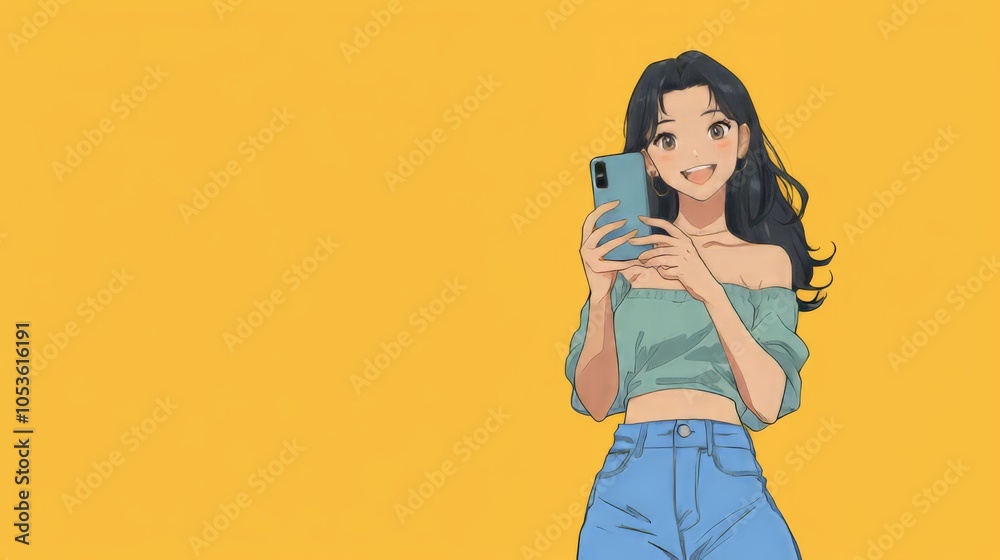 Anime girl with phone in colorful Y2K style