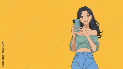 Anime girl with phone in colorful Y2K style