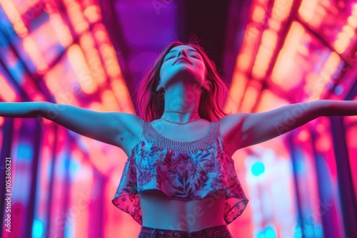 A woman spreading her arms wide open, possibly celebrating or expressing joy photo