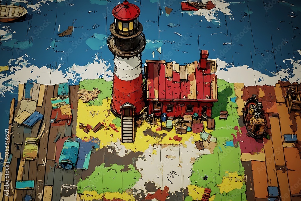 Fototapeta premium Whimsical Lighthouse with Rustic Buildings, Colorful Sea, and Boats.