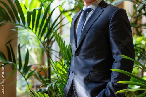 A professional man stands beside office greenery, likely in a corporate setting