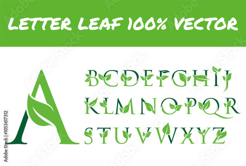 green leaves textured natural font. Realistic garden letters set. Business logo design template bundle.