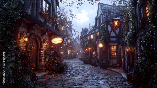 A medieval alleyway at dusk, lined with quaint, timber-framed buildings and cobblestone streets. Ivy creeps up walls, lanterns glow against moonlit shadows, signs hang above small shop entrances.