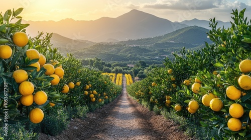 A Dirt Path Through a Lush Orange Grove in the Foothills of a Mountain Range