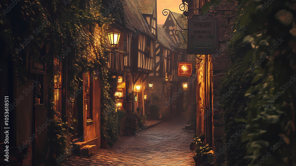 Fototapeta premium A medieval alleyway at dusk, lined with quaint, timber-framed buildings and cobblestone streets. Ivy creeps up walls, lanterns glow against moonlit shadows, signs hang above small shop entrances.