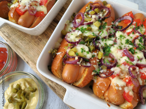 Baked Hot Dogs with Melted Cheese, Red Onions, Tomatoes,  and Pickles in Baking Dish