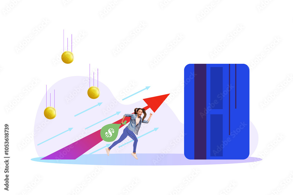 Composite trend artwork 3D sketch image collage of arrow up business success money coins young lady walk huge bank credit card direction Composite trend artwork 3D sketch image collage of arrow up business success money coins young lady walk huge bank credit card direction