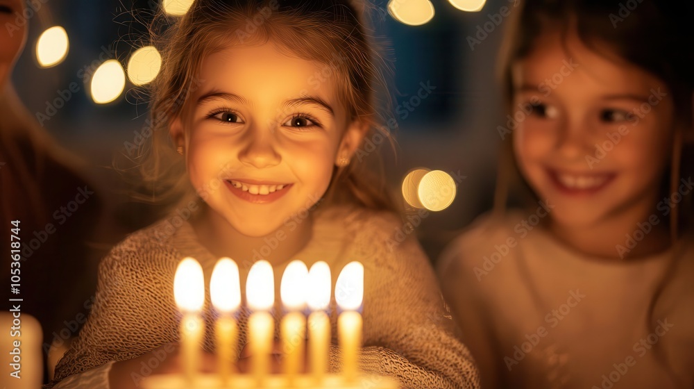 A family gathered around the menorah, kids excitedly watching the candle lighting, Hanukkah family celebration, Jewish traditions A family gathered around the menorah, kids excitedly watching the candle lighting, Hanukkah family celebration, Jewish traditions