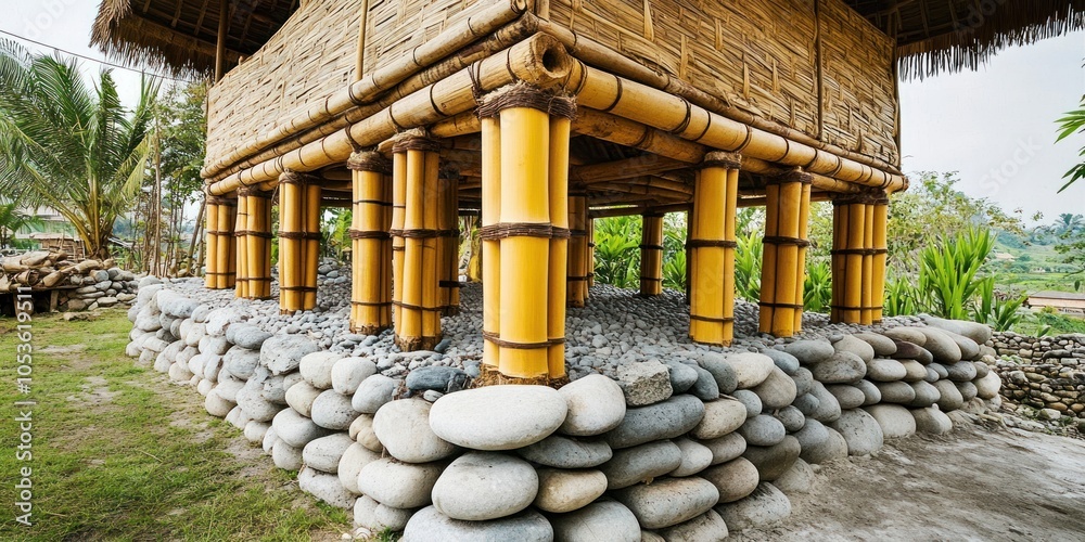 A bamboo structure elevated on stone, showcasing traditional architectural design. A bamboo structure elevated on stone, showcasing traditional architectural design.