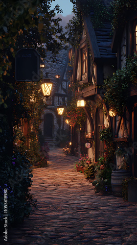 A medieval alleyway at dusk, lined with quaint, timber-framed buildings and cobblestone streets. Ivy creeps up walls, lanterns glow against moonlit shadows, signs hang above small shop entrances.