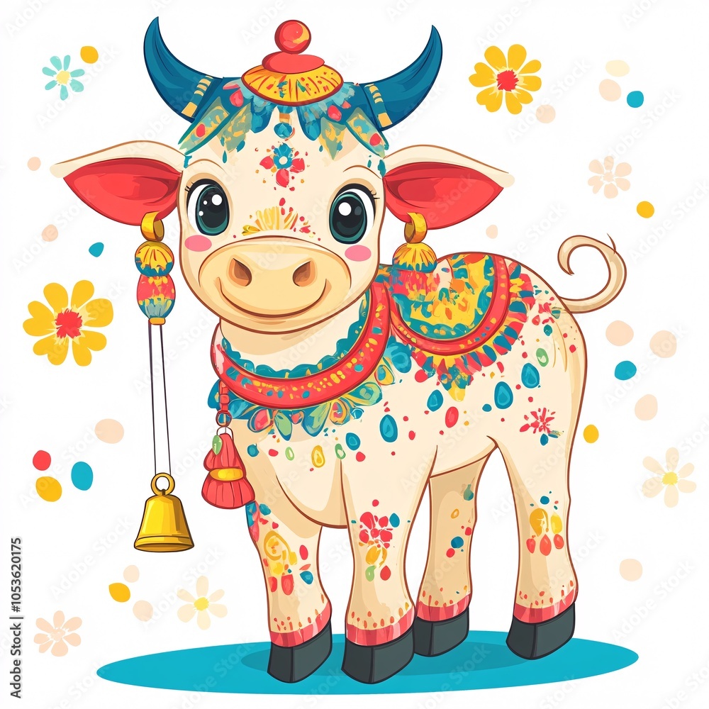 Obraz premium A cute Indian cartoon cow with colorful decorations and a bell