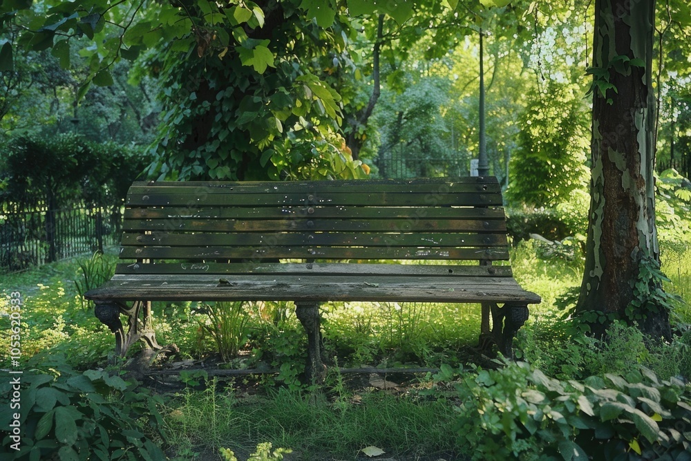 A wooden bench sits amidst lush greenery, perfect for relaxation or contemplation A wooden bench sits amidst lush greenery, perfect for relaxation or contemplation