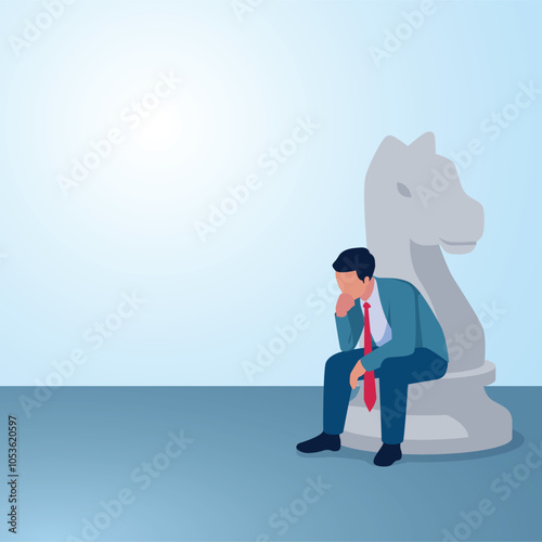 A man sits thinking next to a white knight. Illustration for business strategy, planning and analysis, business development.