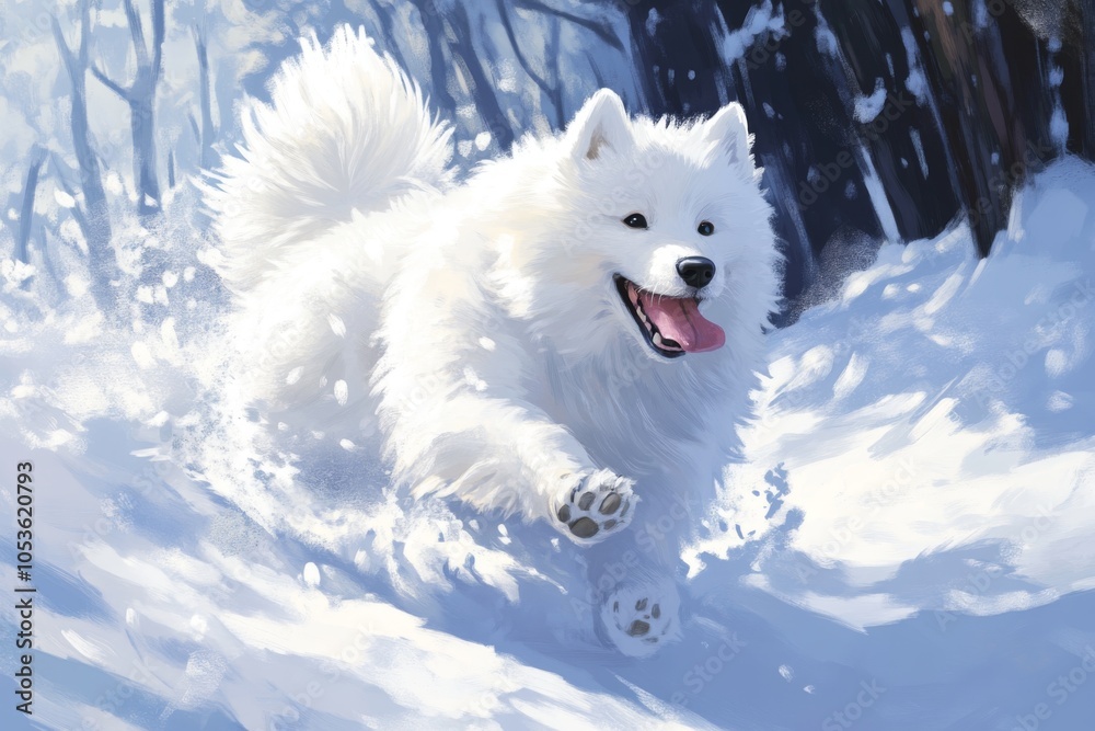Samoyed in Snowy Joyful Moment Samoyed in Snowy Joyful Moment