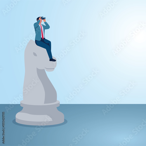 A man looking far ahead on a white knight. Illustration for business strategy, planning and analysis, business development.