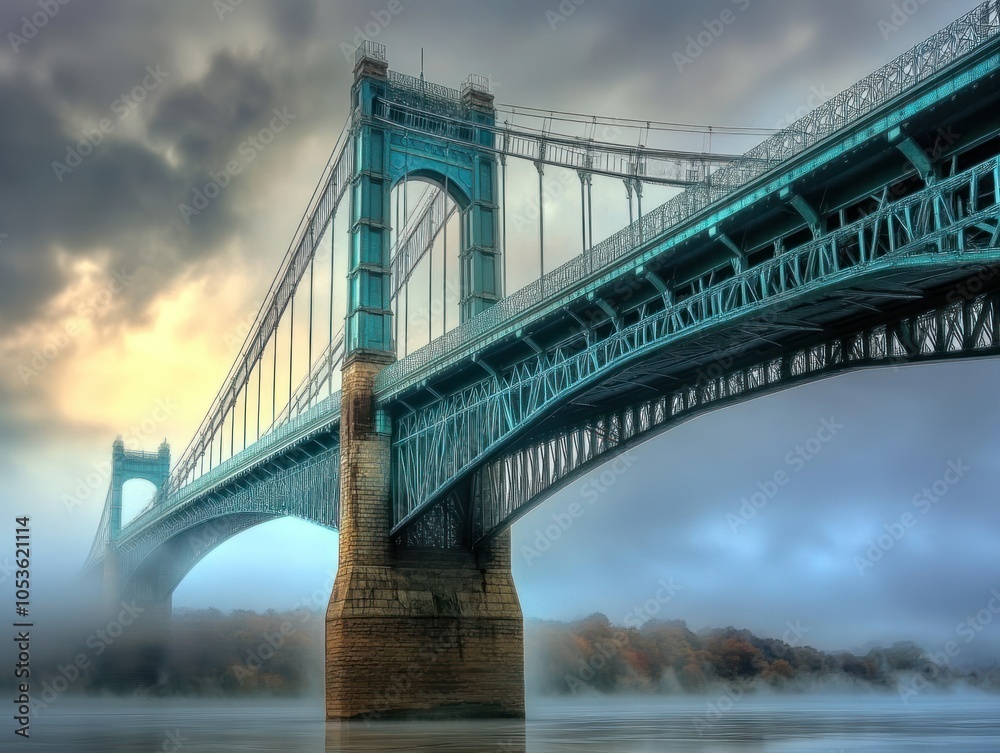 A majestic bridge rises above foggy waters, showcasing intricate architecture and serene surroundings. A majestic bridge rises above foggy waters, showcasing intricate architecture and serene surroundings.