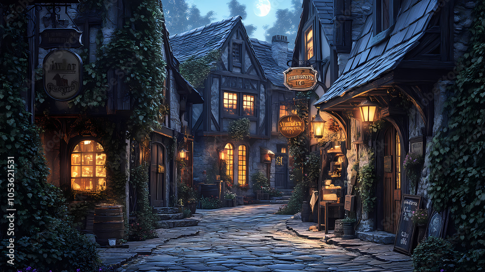 Obraz premium A medieval alleyway at dusk, lined with quaint, timber-framed buildings and cobblestone streets. Ivy creeps up walls, lanterns glow against moonlit shadows, signs hang above small shop entrances.