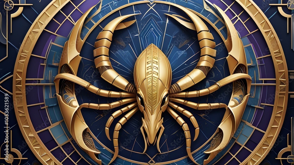 Obraz premium Scorpio Zodiac Astrology Symbol - Art Deco Scorpion Illustration with Deep Purple, Burnt Orange, and Midnight Blue Accents; Elegant Digital Artwork of Water Sign