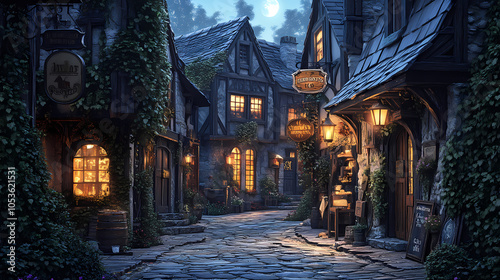 Fototapeta Naklejka Na Ścianę i Meble -  A medieval alleyway at dusk, lined with quaint, timber-framed buildings and cobblestone streets. Ivy creeps up walls, lanterns glow against moonlit shadows, signs hang above small shop entrances.