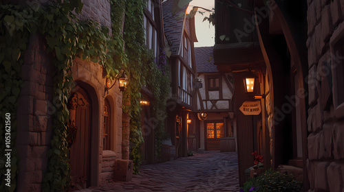 Fototapeta Naklejka Na Ścianę i Meble -  A medieval alleyway at dusk, lined with quaint, timber-framed buildings and cobblestone streets. Ivy creeps up walls, lanterns glow against moonlit shadows, signs hang above small shop entrances.