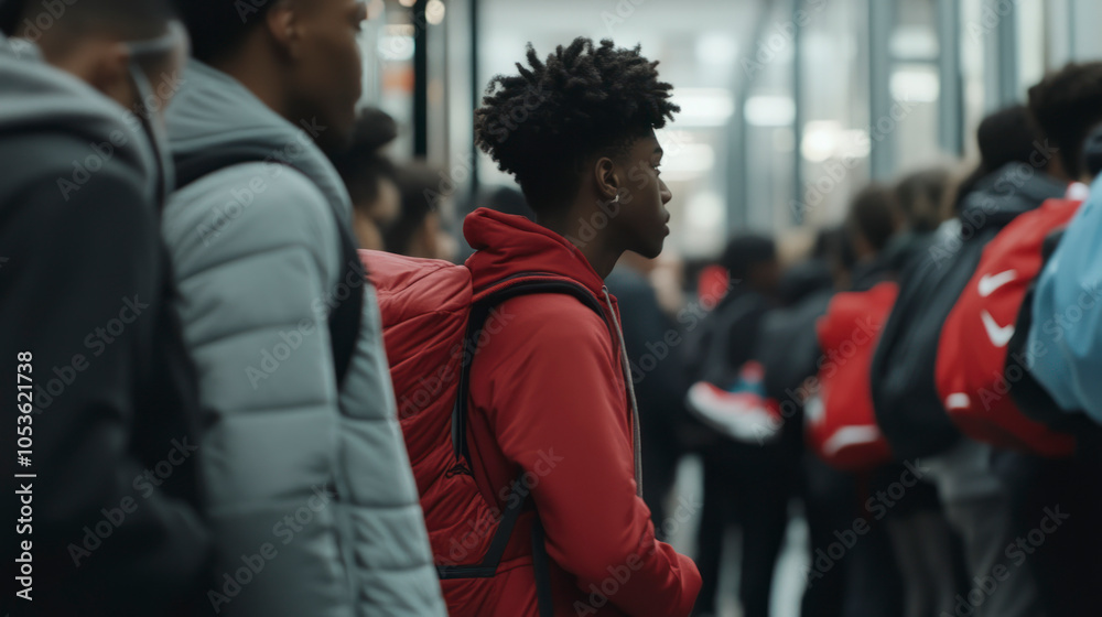 Young adults in winter coats waiting in a busy outdoor line Young adults in winter coats waiting in a busy outdoor line