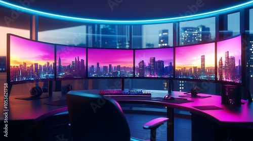 An e-sports gaming setup with four curved monitors arranged around a desk, RGB lights accenting the room, and professional gaming accessories enhancing the experience photo