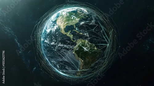 A digital image of the Earth with lines connecting different parts, showing how technology lets us communicate and share information all over the world.