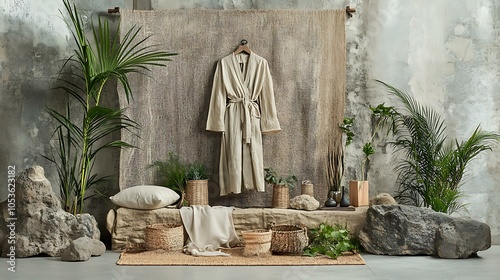 A fashionable ensemble displayed on a natural fabric backdrop, with elements like stones and plants enhancing the theme of eco-consciousness photo