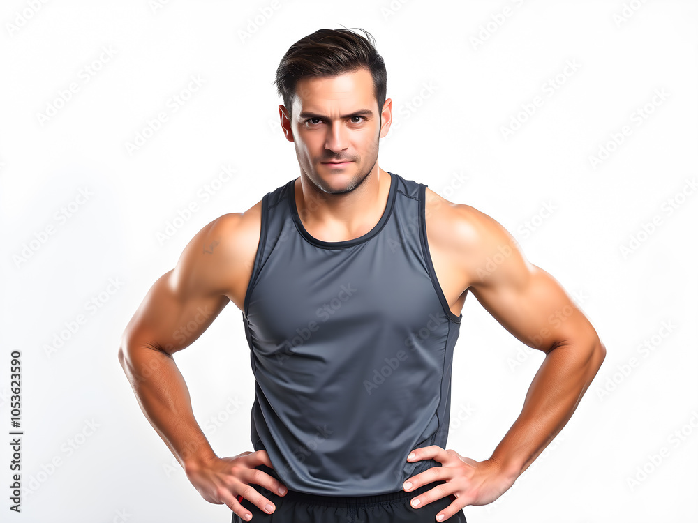 Portrait of a handsome young man with arms akimbo on white background