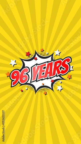 Celebratory animation for 96th ninety-sixth anniversary - 96 ninety-six years birthday. Flat text on pop colorful background with rays. photo