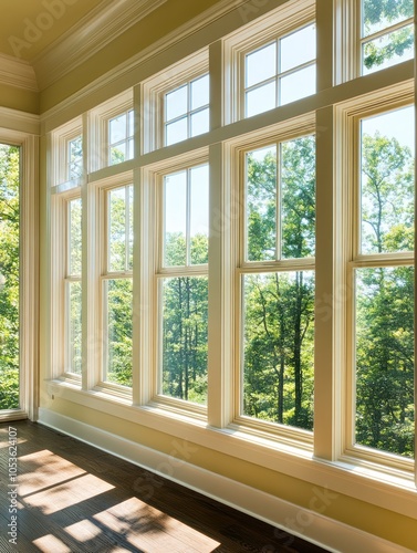 Bright room with large windows showcasing a lush green landscape outside.