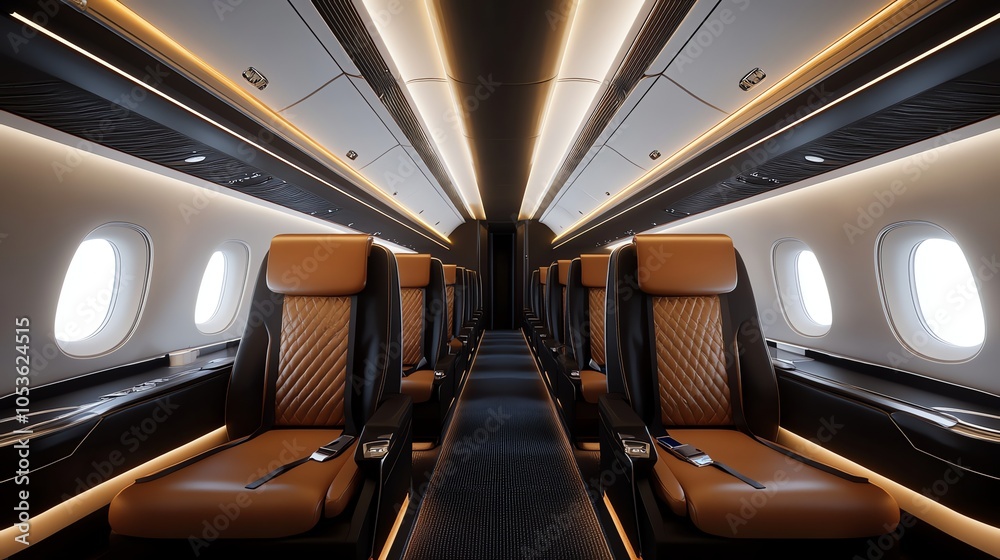 Obraz premium Empty airplane cabin seats with brown leather seats and wood paneling.