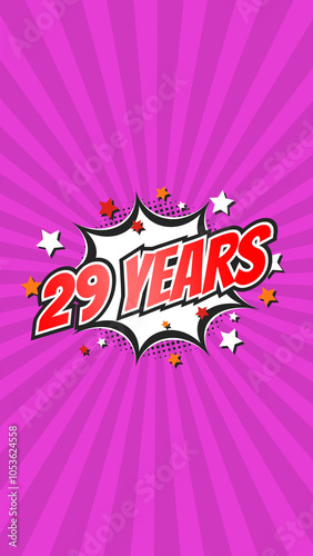 Celebratory animation for 29th twenty-ninth anniversary - 29 twenty-nine years birthday. Flat text on pop colorful background with rays.