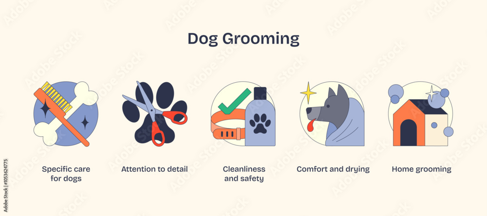 Fototapeta premium Dog grooming essentials depicted with comb, scissors, and shampoo in a bold, graphic style. Neubrutalism style