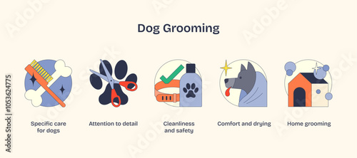 Dog grooming essentials depicted with comb, scissors, and shampoo in a bold, graphic style. Neubrutalism style