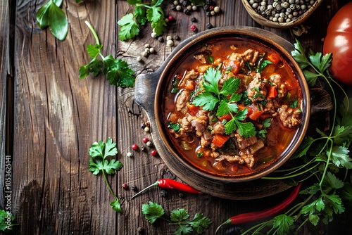 A close-up of a bowl of lobio with a rich, hearty texture, set on a wooden table.Georgian cuisine meal.Ajapsandali.Ajapsandal vegetables stew.Georgian national dish.