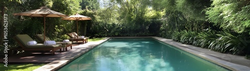 Tranquil Poolside Oasis with Lush Greenery and Patio Loungers
