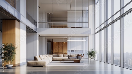 Spacious modern living room with large windows, neutral-toned sofa, and elegant plants. AI generated