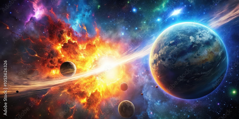 Fototapeta premium Explosive planetary collision creates vibrant colorful spectacle in starry night sky