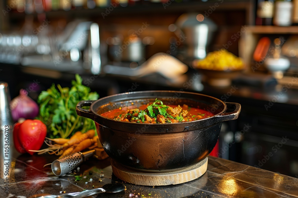 A pot of kharcho on a bar counter with a blurred background of ingredients and utensils.Lamb soup kharcho.Georgian traditional soup.Kharcho. A pot of kharcho on a bar counter with a blurred background of ingredients and utensils.Lamb soup kharcho.Georgian traditional soup.Kharcho.
