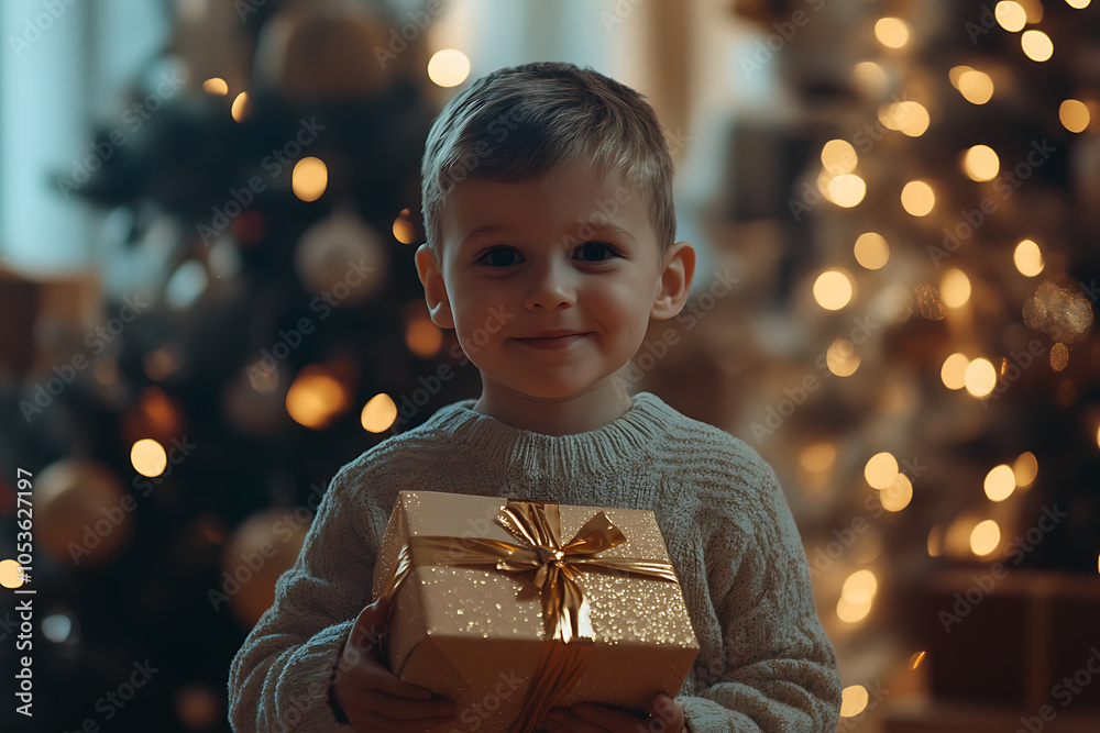 A joyful child stands with a wrapped gift in his hands, radiating excitement and happiness A joyful child stands with a wrapped gift in his hands, radiating excitement and happiness