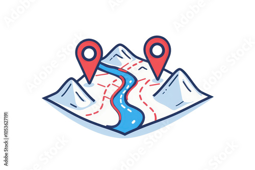 Illustration of a topographic map with mountains and GPS location markers, symbolizing navigation and exploration. photo