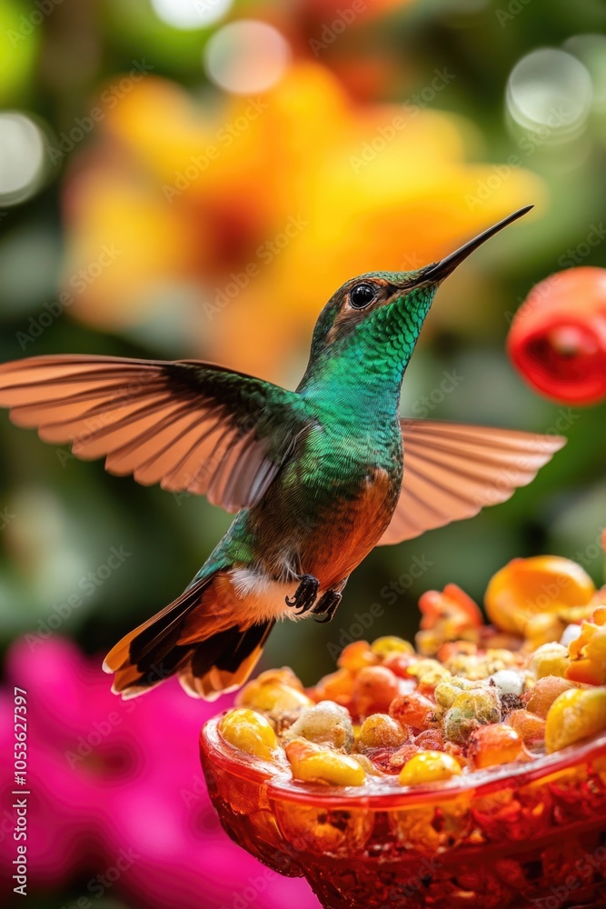 Fototapeta premium A hummingbird sips nectar from a colorful bowl of food, perfect for wildlife or nature scenes