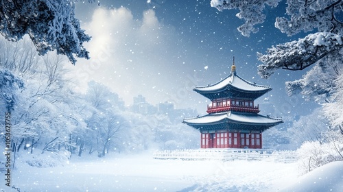 Wallpaper Mural Serene winter scene featuring an ancient Asian pagoda amidst Torontodigital.ca