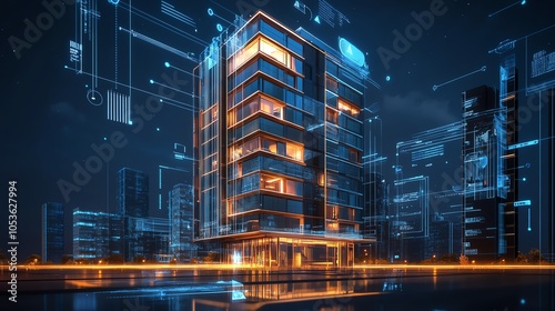 Luxury building technology, smart room features, clean infographic layout, sleek modern design