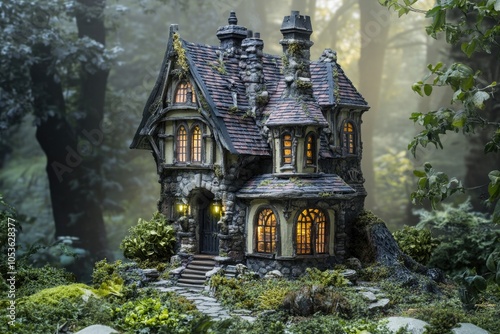 A whimsical fairy house nestled among trees, perfect for fantasy or nature scenes