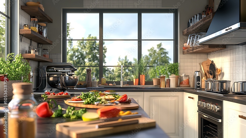 An elegant kitchen equipped with smart appliances, where a home cook is artfully plating a gourmet dish, with an array of spices and ingredients neatly arranged nearby An elegant kitchen equipped with smart appliances, where a home cook is artfully plating a gourmet dish, with an array of spices and ingredients neatly arranged nearby