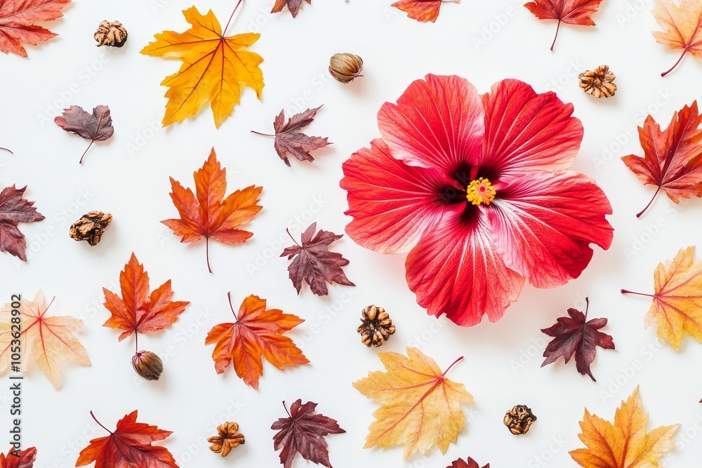 A red mable leaf with flowers in autumn season is displayed flat lay postcard style against a white background A red mable leaf with flowers in autumn season is displayed flat lay postcard style against a white background