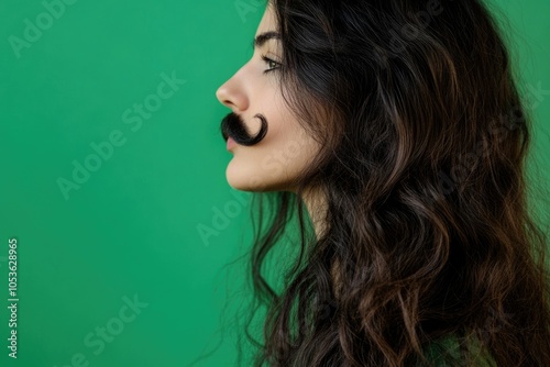 A woman wearing a fake mustache, perfect for costume parties or humorist images